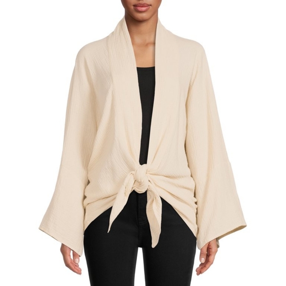 NWOT 100% Cotton Seersucker Oversized Coral Tie Front Kimono Sweater - Picture 5 of 15